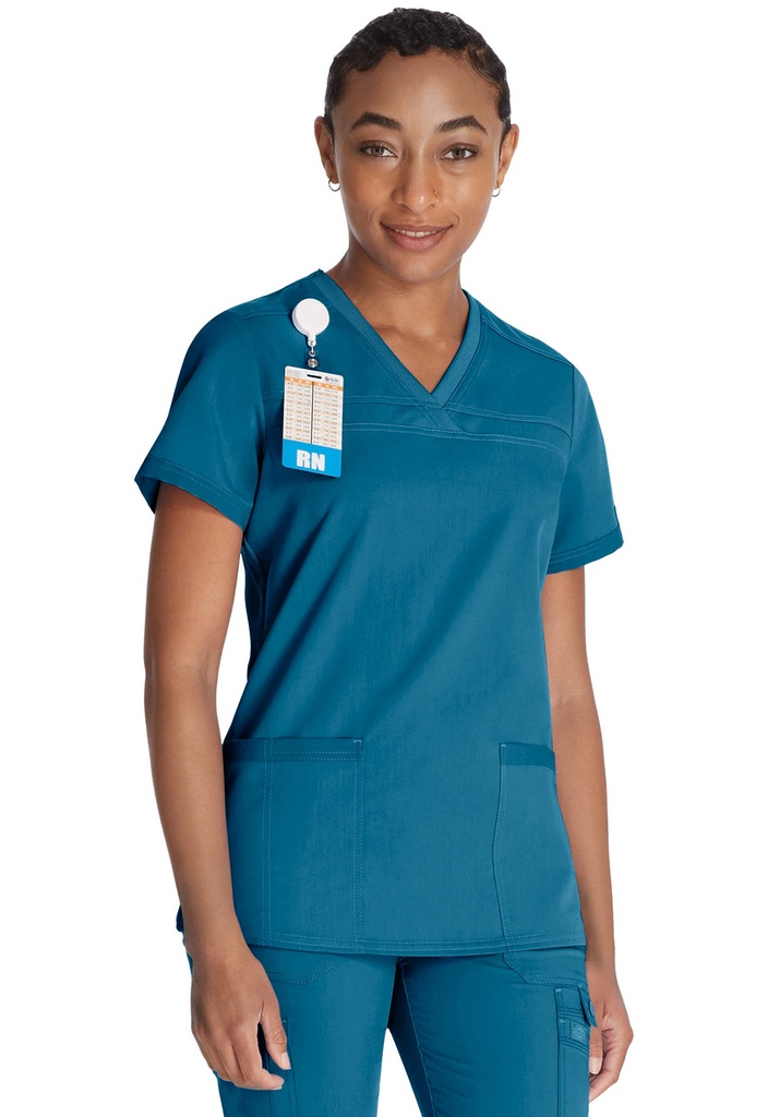 V-Neck Top With Rib Knit Panels (XXS, Caribbean Blue)